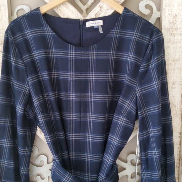 Court & Rowe Women's Soft Asymmetrical Belted Midi A-Line Dress Navy Blue Plaid - Picture 3 of 11